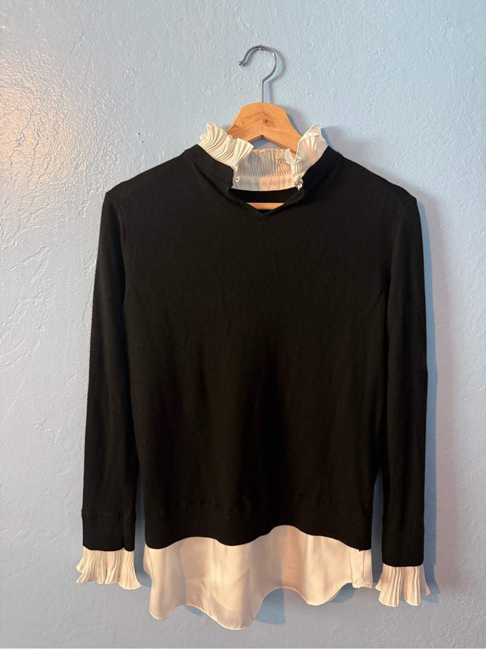 Ted Baker Black Layered Mock-Neck Sweater Top with White Ruffle Trim